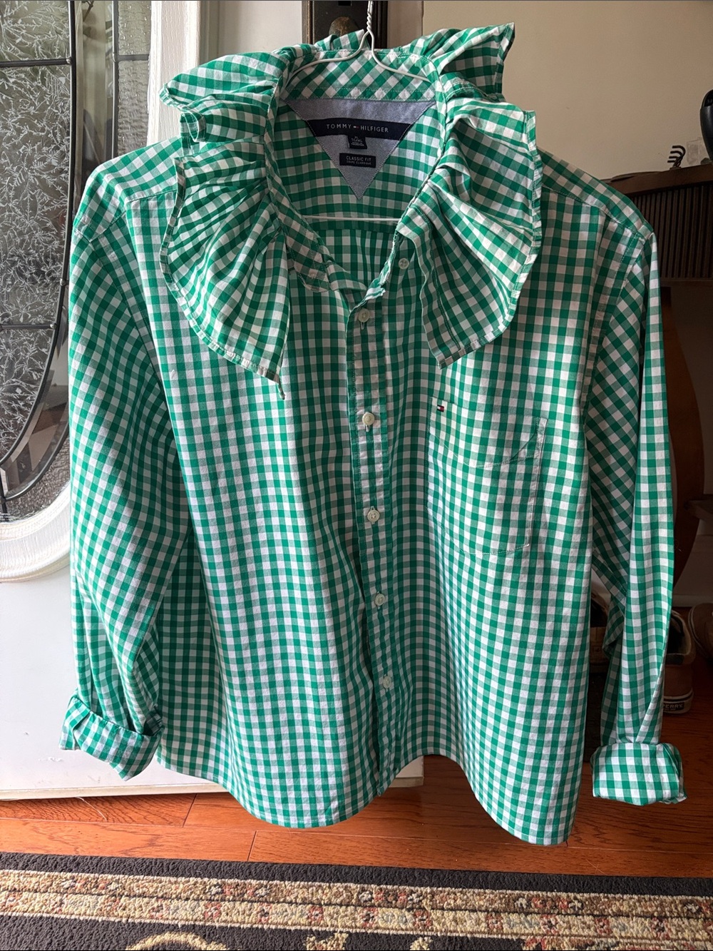 Up-cycled Tommy Hilfiger Green & White Gingham Ruffle Collar Button-Up